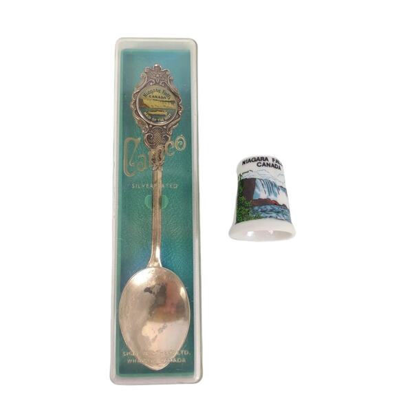Vtg Mid-Century Niagara Falls Souvenir Cameo Silverplate Spoon & Ceramic Thimble - Picture 1 of 10